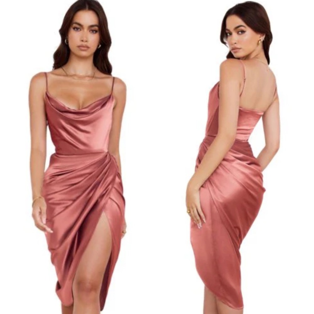 House of CB London Reva Gathered Corset‎ Dress Womens Size Small Pink Satin Midi